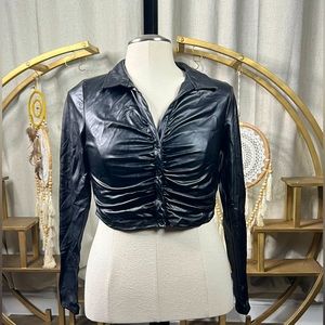 Faux leather long sleeve button down crop top